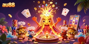Experience the excitement of au88, featuring a golden volcano erupting coins in a lively casino scene.