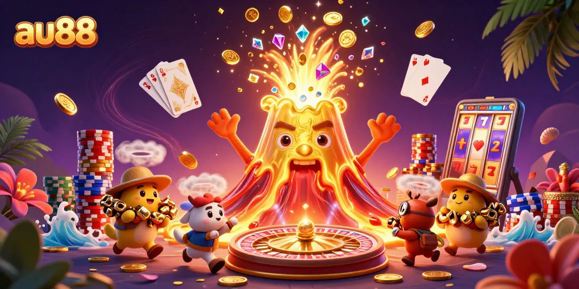 Experience the excitement of au88, featuring a golden volcano erupting coins in a lively casino scene.