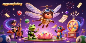 Spin the chances of winning with mygamefishing in this vibrant casino illustration featuring a dragonfly pilot and frog dealer.