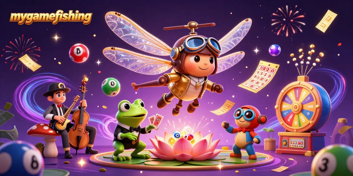 Spin the chances of winning with mygamefishing in this vibrant casino illustration featuring a dragonfly pilot and frog dealer.