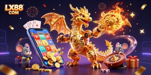 Experience thrilling gameplay with LX88 COM featuring a golden dragon and vibrant slot game elements.