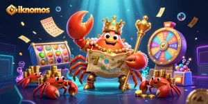 oikonomos gaming scene with a golden crab emperor and dynamic slot elements featuring vibrant colors and energy.