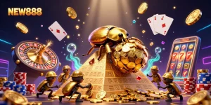 Experience the excitement of NEW888 with vibrant casino elements and dynamic 3D illustration.