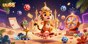 Experience the thrill of uu88 with a dynamic scene of a magical sultan amidst vibrant casino elements.