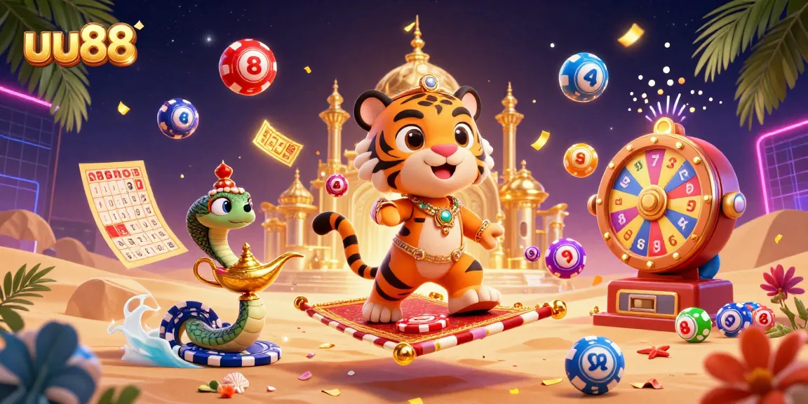 Experience the thrill of uu88 with a dynamic scene of a magical sultan amidst vibrant casino elements.