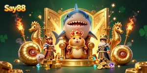 Experience thrilling wins with Say88 in a vibrant 3D casino scene filled with treasures.
