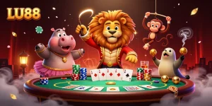 Engage with LU88 in a vibrant casino scene featuring a lion ringmaster and lively game elements.