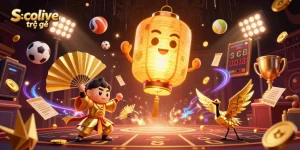 Experience Socolive trực tiếp with a vibrant 3D illustration showcasing dynamic sports elements and energetic characters.