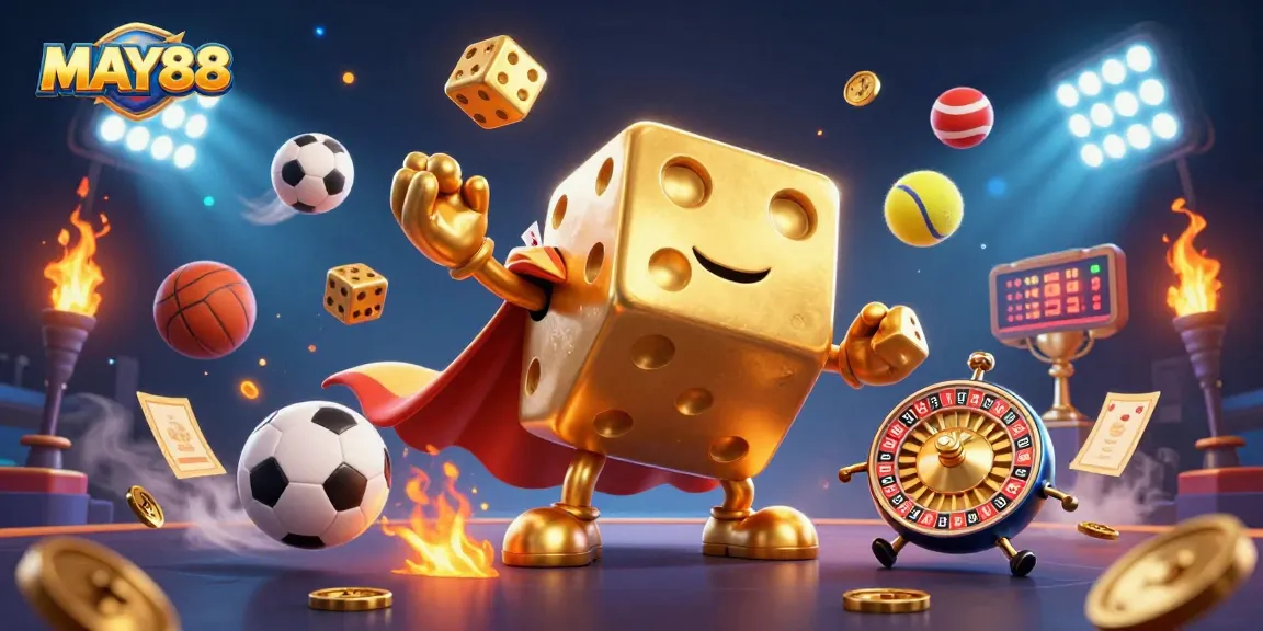 MAY88 casino experience with a dynamic golden dice golem and exciting game elements.