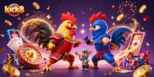 Witness the thrilling standoff between two battle-hardened roosters at luck8's vibrant casino, showcasing dynamic gaming elements.