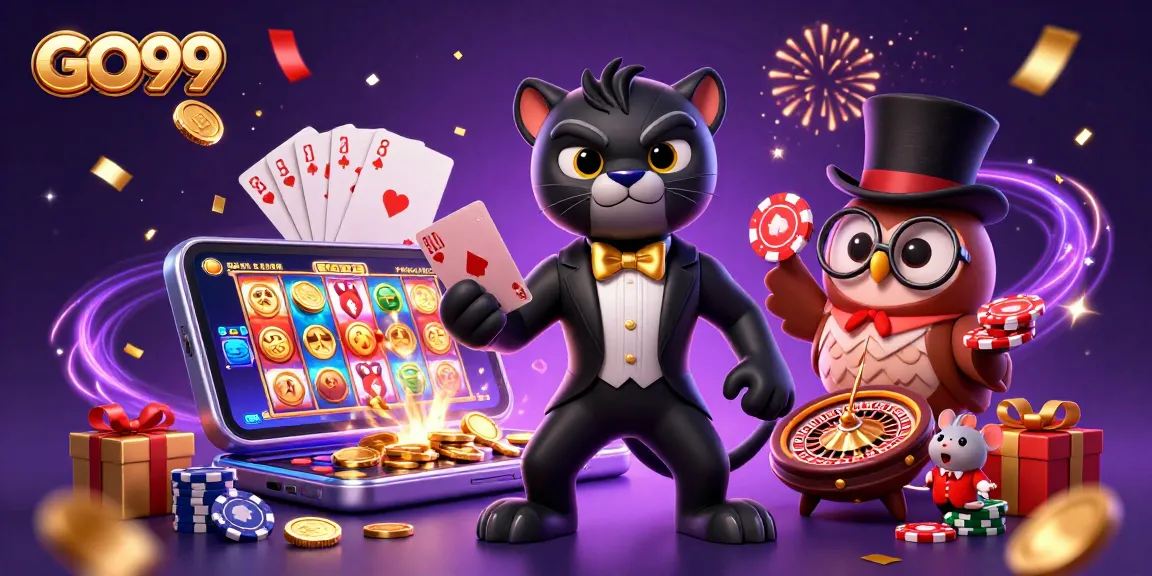 GO99 displays a vibrant casino scene with a panther dealing cards and an owl holding chips.