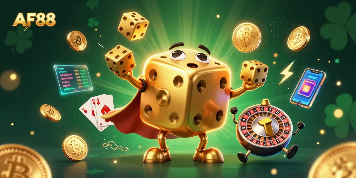 Experience gambling excitement with AF88's 3D casino characters amidst Bitcoin and Ethereum coins.