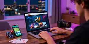 Engaging user experience on 78win's online gambling platform with laptop and smartphone.