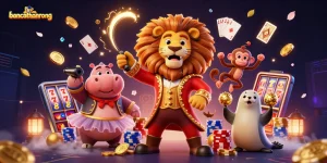 Bancathanrong showcases a vibrant casino scene with animated characters and gambling elements.