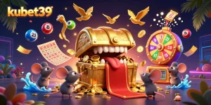 Kubet39 engages players with a treasure chest of riches, vibrant lottery elements, and tropical decor in an exciting casino scene.